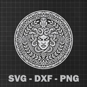 May include: A white, circular graphic featuring the face of Medusa with snakes for hair, surrounded by an ornate border. An owl sits atop the design. The text "SVG - DXF - PNG" is at the bottom.