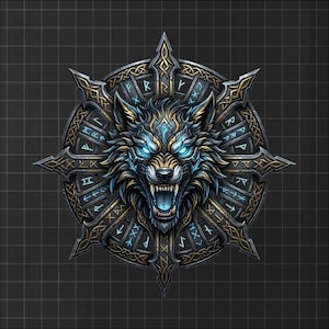 Peut inclure: Illustration détaillée d'une tête de loup aux yeux bleus brillants et aux crocs apparents, encadrée dans un cercle orné. Le cadre présente des accents dorés et argentés, avec des symboles runiques et un motif en étoile. Fond gris foncé.