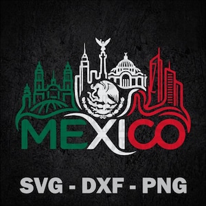 Peut inclure: Un design graphique avec le mot MEXICO en vert, blanc et rouge. Au-dessus du texte se trouve un contour blanc de monuments mexicains et des armoiries nationales. Le texte en bas indique SVG - DXF - PNG sur un fond sombre et texturé.