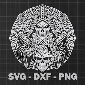 May include: A monochrome illustration of a hooded skull with elaborate Celtic knot patterns. The figure holds a skull, with the text "SVG - DXF - PNG" below. The design is set against a dark grey grid background, showcasing a detailed design.