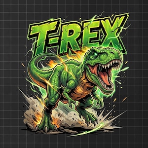 Peut inclure: Illustration d'un Tyrannosaurus Rex vert avec le mot "T-REX" en vert, souligné de blanc, et avec un motif d'éclair. Le dinosaure a la gueule ouverte, montrant ses dents et sa langue rouge, avec des flammes et de la poussière autour.