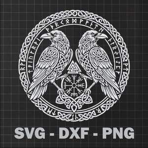 May include: A white graphic design on a black background featuring two symmetrical ravens within a circular frame. The design includes Norse runes, knotwork, and the text "SVG - DXF - PNG". The ravens are detailed with intricate patterns.
