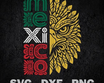May include: A graphic design featuring the word MEXICO written vertically in a stylized font with green, white, and red colors. To the right is a detailed golden yellow eagle head illustration composed of feathers. The text SVG - DXF - PNG appears below.