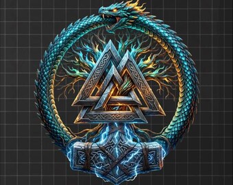 Viking Norse Mythology PNG, Mythology Nordic Clipart, Valknut, Mjolnir, and Jormungandr Ouroboros Digital Download