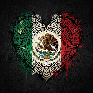May include: A heart-shaped graphic design featuring the Mexican flag colors of green, white, and red. The center displays the Mexican coat of arms with an eagle on a cactus. The border incorporates intricate Aztec-inspired geometric patterns.