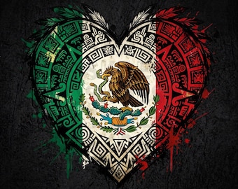 May include: A heart-shaped graphic design featuring the Mexican flag colors of green, white, and red. The center displays the Mexican coat of arms with an eagle on a cactus. The border incorporates intricate Aztec-inspired geometric patterns.