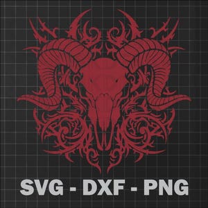 May include: A red ram skull design with large curved horns and tribal-style embellishments. The design is set against a black grid background. The text "SVG - DXF - PNG" is displayed in white at the bottom.