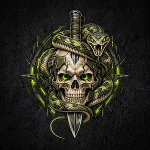 May include: A graphic illustration featuring a human skull wearing a tactical helmet, pierced by a vertical combat knife. A green and black patterned snake coils around the skull and blade, set against a circular frame with glowing green accents.