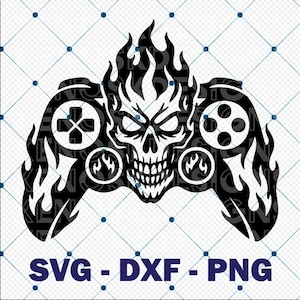 Puede incluir: Gráfico negro de un mando de videojuegos con una calavera y llamas. El mando tiene una cruceta, botones y una cara de calavera. El texto "SVG - DXF - PNG" está en la parte inferior.