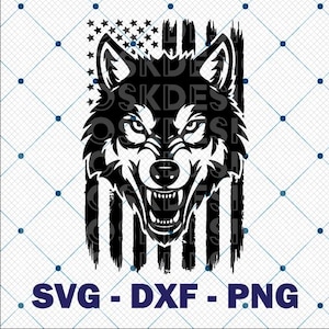 May include: A black and white graphic of a wolf's head with an American flag design. The wolf is snarling, with its teeth bared. The image includes the text "SVG - DXF - PNG" at the bottom.