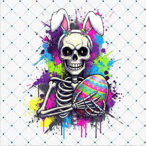 May include: A skeletal figure wearing bunny ears and holding a colorful Easter egg. The skull has glowing yellow eyes and is surrounded by a vibrant splatter of paint in blue, purple, green, and yellow. The egg is decorated with a wavy pattern.