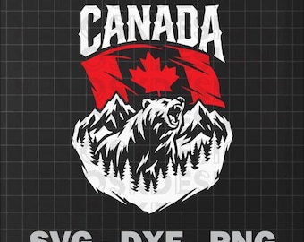 Orso grizzly canadese SVG - Silhouette di montagne con bandiera canadese - Vettore di fauna selvatica del Canada