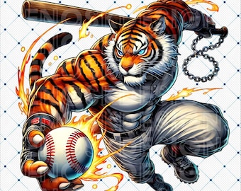 Baseball Tiger PNG Digital Download, Sports Clipart, Baseball Team Graphics, Tiger Mascot Logo, Sports Fan Art, Digital Tiger Mascot Graphic