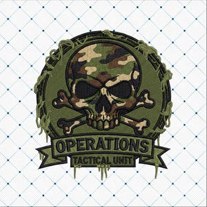 May include: Embroidered patch featuring a skull with crossbones, set against a camouflage pattern within a green circular frame. The text "OPERATIONS TACTICAL UNIT" is displayed on a banner below the skull. The design has a military or tactical theme.