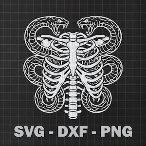 May include: A white graphic design on a black background. The design features a rib cage with two snakes coiled around it. The text "SVG - DXF - PNG" is at the bottom of the image.