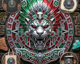 Mexican Jaguar Warrior PNG, Aztec Calendar Sublimation Design, Mexico Flag Headdress Jaguar Clipart