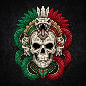 May include: A graphic illustration of a human skull adorned with an intricate headdress featuring green, white, and red feathers. A coiled snake with an open mouth rests atop the skull, surrounded by green and red snake bodies and beaded jewelry.