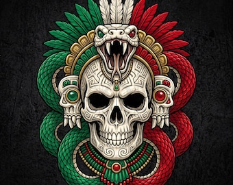 Aztec Skull PNG, Mexican Feathered Serpent Sublimation Design, Mexican Pride Digital Download