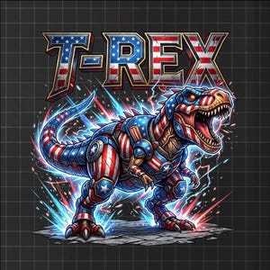 以下が含まれることがあります： アメリカ国旗をテーマにした、T-Rex恐竜の詳細なイラスト。 恐竜の上には「T-REX」の文字が表示されています。 恐竜は赤、白、青で着色され、稲妻の効果があります。