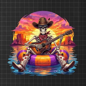 May include: Illustration of a skeleton wearing a cowboy hat, sunglasses, and a red bandana, playing a guitar while floating on an inflatable ring. The background features a desert landscape with a sunset.