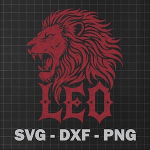 May include: Red lion graphic with open mouth and the word "LEO" in a decorative font. The image is on a black grid background. Below the word "LEO" are the letters "SVG - DXF - PNG".
