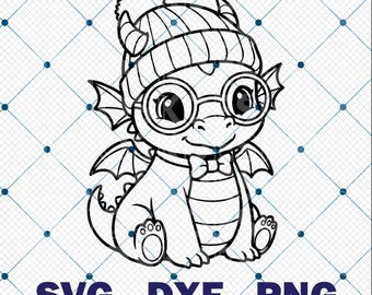 Baby Dragon SVG DXF PNG | Adorable Nerdy Dragon with Glasses & Beanie Hat