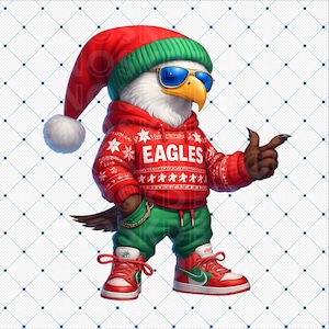 Könnte beinhalten: Cartoon-Illustration eines Adlers mit roter Weihnachtsmütze, Sonnenbrille und rotem Pullover mit dem Wort "EAGLES". Der Adler trägt auch grüne Hosen und rote Turnschuhe. Der Adler zeigt mit seiner rechten Hand.