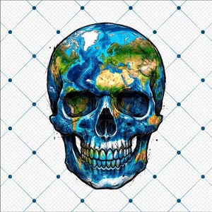 May include: A detailed illustration of a skull with the continents and oceans of Earth depicted on its surface. The skull is primarily blue, with green and brown accents representing landmasses. The background features a white grid pattern with blue dots.