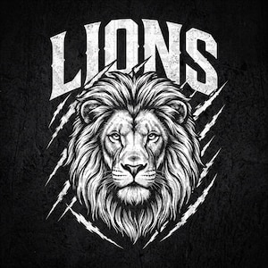May include: A black and white graphic illustration featuring the head of a lion with a thick mane. Above the lion, the word LIONS is printed in a bold, distressed white font. The design includes white claw marks surrounding the lion's head.