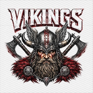 May include: A graphic illustration featuring the word VIKINGS in bold white letters above a bearded warrior wearing a winged helmet. Two crossed battle axes are positioned behind the warrior, who is adorned with red fur and metal armour.