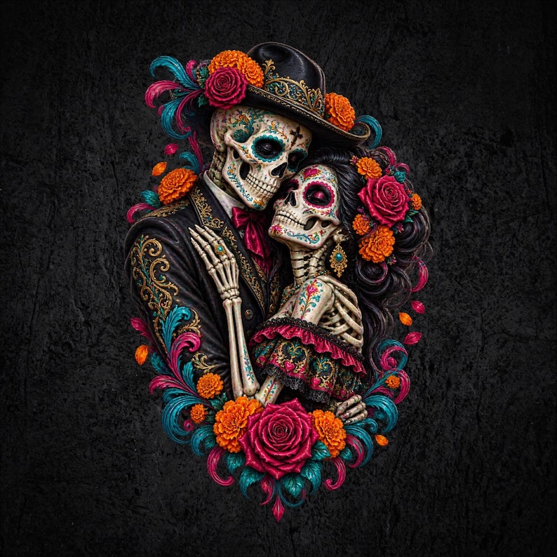 May include: A digital illustration of two skeletons embracing, adorned with vibrant orange marigolds and deep red roses. The male figure wears a black suit and hat, while the female figure wears a ruffled dress, both featuring intricate floral patterns.