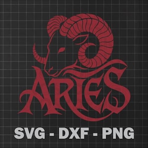 May include: Red Aries zodiac sign graphic on a black background. The design features a ram's head and the word "ARIES" in a stylized font. Below the design are the letters "SVG - DXF - PNG" in white.