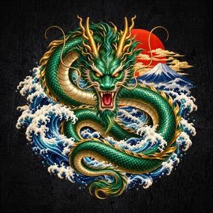May include: A detailed illustration of a green dragon with gold accents, featuring a long serpentine body, sharp scales, and a fierce expression. The dragon is coiled amidst crashing blue ocean waves, with a snow-capped mountain and a red sun.