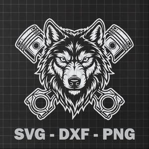 Puede incluir: Gráfico en blanco y negro de la cabeza de un lobo con pistones cruzados. El lobo tiene detalles de pelaje y una expresión intensa. El texto "SVG - DXF - PNG" está en la parte inferior de la imagen.