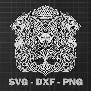 Może przedstawiać: Czarno-biały projekt graficzny z wizerunkami wikingów. Projekt zawiera trzy wilki, topory, drzewo i tarczę. Tekst "SVG - DXF - PNG" znajduje się na dole obrazu.