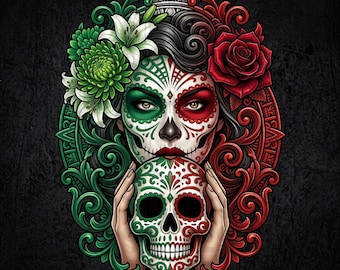 Mexican Flag Catrina PNG, Day of the Dead Sugar Skull Clipart, Mexican Pride Digital Download