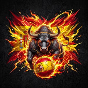 Peut inclure: Un taureau gris foncé aux yeux et cornes luisants, placé devant un drapeau espagnol entouré de flammes orange et jaunes vives. Un ballon de football au motif du drapeau espagnol est centré au premier plan, également entouré de feu.