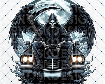 Grim Reaper on Car PNG: Spooky Gothic Clip Art (Digital Download)