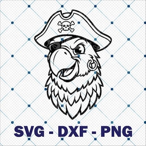 Op de afbeelding: Zwart-wit illustratie van een piratenpapegaai met een hoed met doodshoofd, ooglapje en oorring. De tekst "SVG - DXF - PNG" staat onderaan.