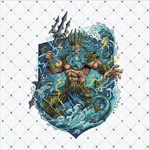 Puede incluir: Ilustración de una figura musculosa, posiblemente Poseidón, sosteniendo un tridente y rodeada de agua, tiburones y rayos. La figura lleva una corona y armadura, con una combinación de colores azul y verde. La obra de arte está sobre un fondo blanco con un patrón de cuadrícula azul.