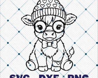 Adorable Highland Cow with Hat and Glasses SVG DXF PNG | Valentine Baby Cow Clipart