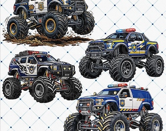 Police Monster Truck Clipart Bundle, 4 Monster Sublimation Designs (PNG)