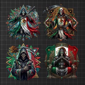 May include: Four digital illustrations of the Grim Reaper, each with a skeletal face and hooded cloak. The figures are adorned with the colors of the Mexican flag and intricate geometric designs, holding scythes and staffs.