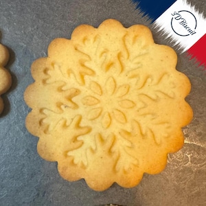 Peut inclure: Un gros plan d'un biscuit en forme de flocon de neige. Le biscuit est brun clair et présente un motif de flocon de neige en relief.