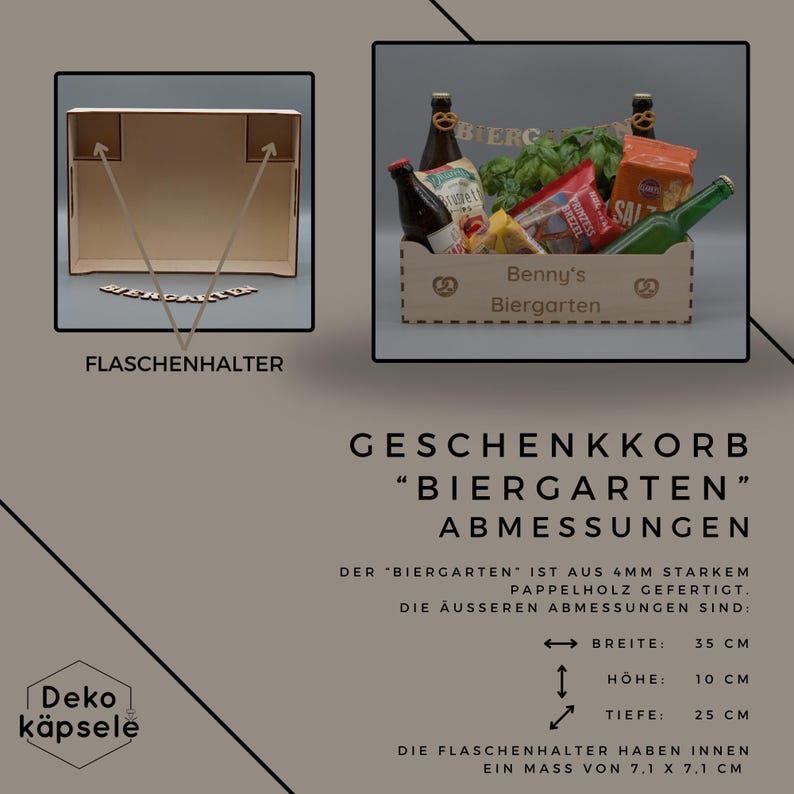 Puede incluir: Una cesta de regalo de madera con el texto "Benny's Biergarten" en la parte delantera. La cesta est&aacute; llena de varios art&iacute;culos, incluyendo cerveza, pretzels y aperitivos. La cesta mide 35 cm de ancho, 10 cm de alto y 25 cm de profundidad. Los portavasos dentro de la cesta miden 7,1 cm por 7,1 cm.