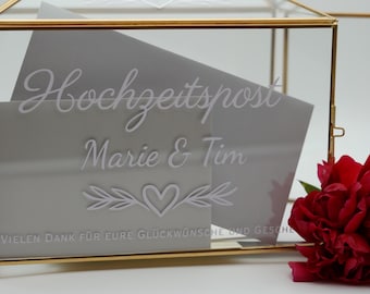 Personalisierte Hochzeitspost Box Glas – Kartenbox Hochzeit mit Gravur – Goldene Erinnerungsbox für Geldgeschenke & Glückwünsche