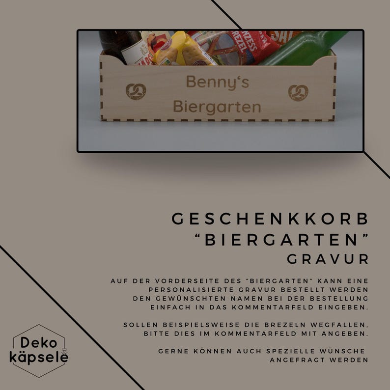 Puede incluir: Una cesta de regalo de madera con el texto "Benny's Biergarten" grabado en la parte delantera. La cesta est&aacute; llena de varios art&iacute;culos, incluyendo pretzels, cerveza y otros aperitivos. El texto "GESCHENKKORB "BIERGARTEN" GRAVUR" se muestra debajo de la imagen.