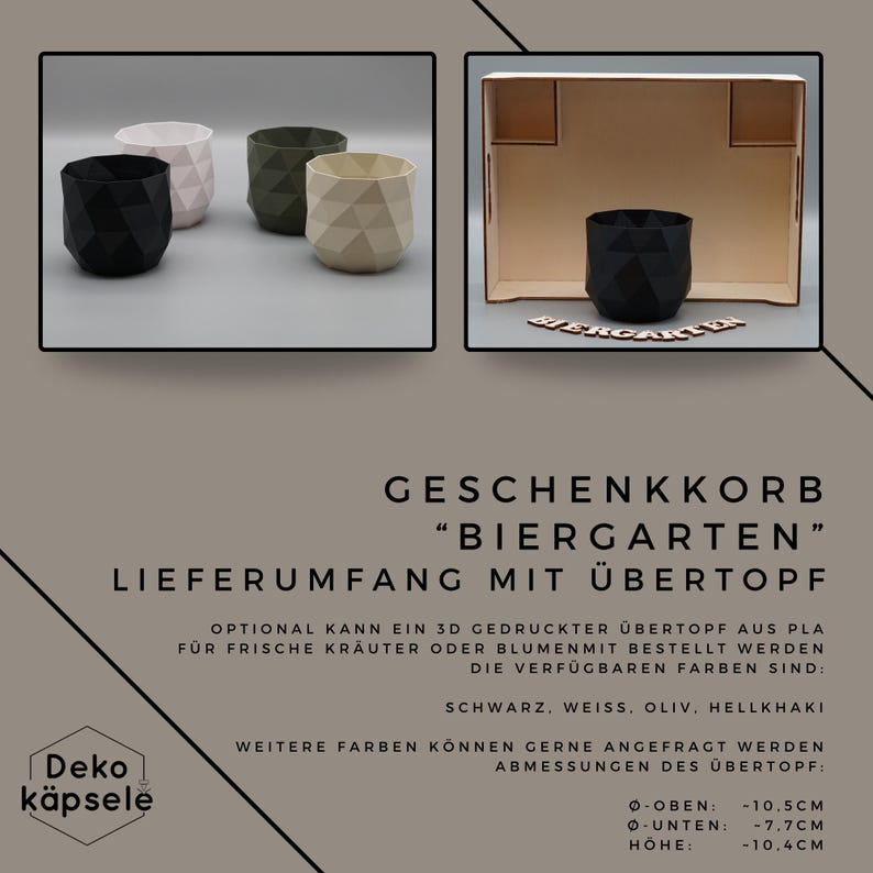 Puede incluir: Una cesta de regalo etiquetada como "Biergarten" con una maceta impresa en 3D. La maceta est&aacute; disponible en negro, blanco, oliva y caqui. La maceta mide 10,5 cm de di&aacute;metro en la parte superior, 7,7 cm de di&aacute;metro en la parte inferior y 10,4 cm de altura.