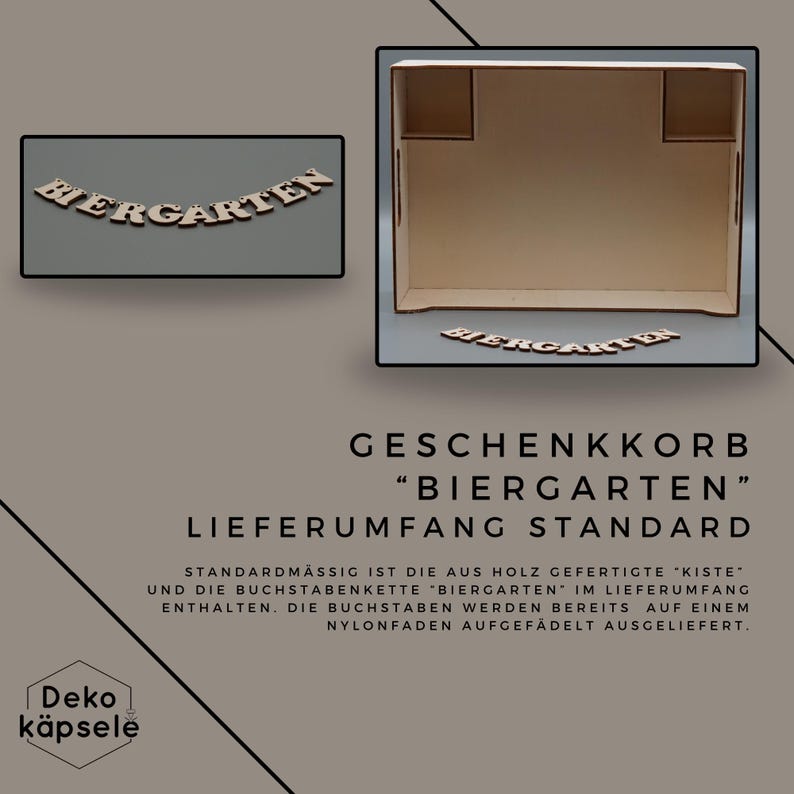 Puede incluir: Una cesta de regalo de madera con las palabras "Biergarten" escritas en letras de madera. La cesta est&aacute; vac&iacute;a y lista para llenarse con regalos. El texto "GESCHENKKORB "BIERGARTEN" LIEFERUMFANG STANDARD" est&aacute; impreso debajo de la cesta.