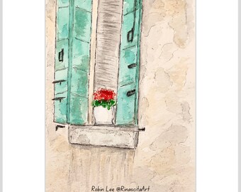 Venice, Italy - Original Watercolor and Ink Painting - Italy artwork Venice art Venezia Italian Window - Unmatted 5x7